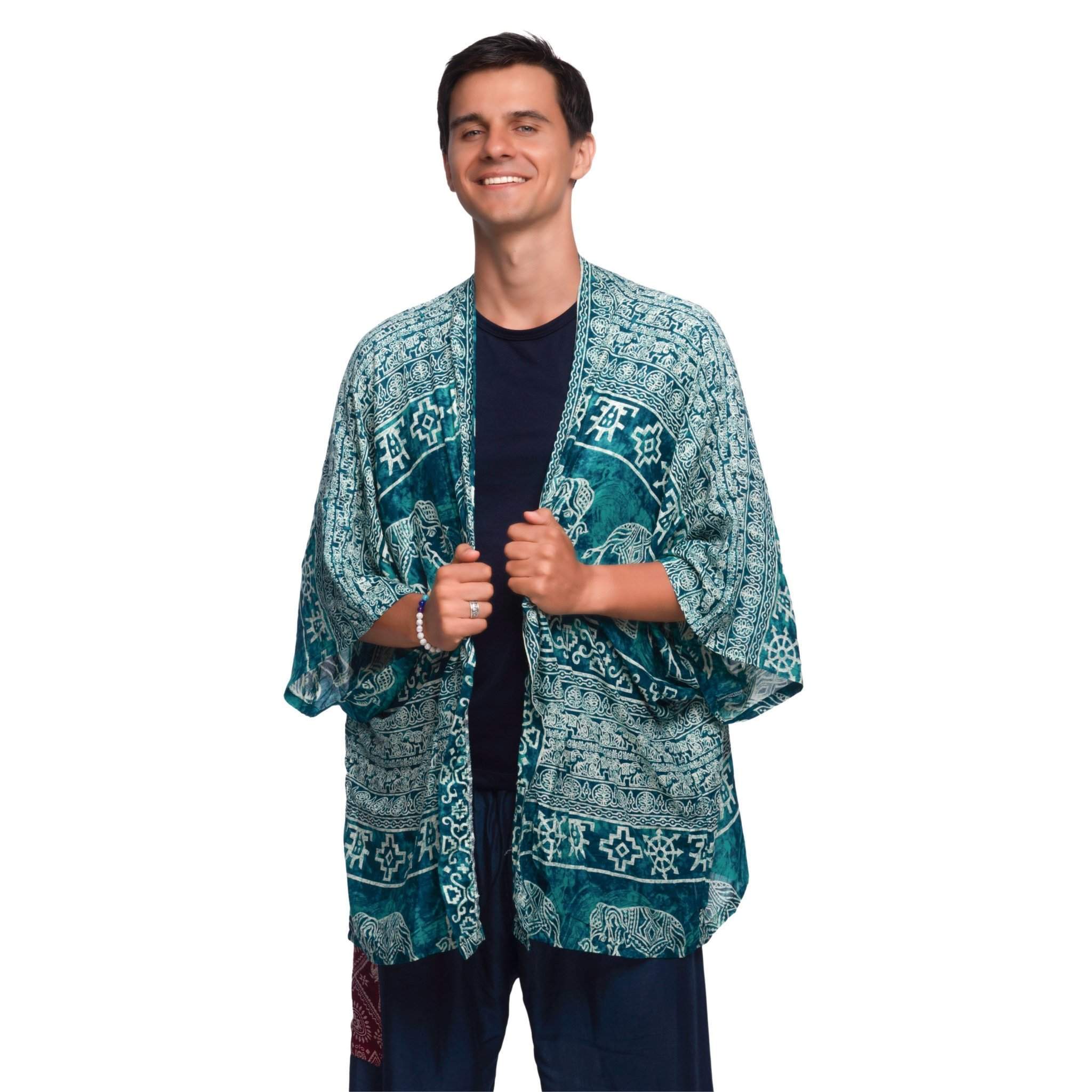 COLOMBO ELEPHANT KIMONO - TEAL Elepanta Beach Kimono | Unisex - Buy Today Elephant Pants Jewelry And Bohemian Clothes Handmade In Thailand Help To Save The Elephants FairTrade And Vegan